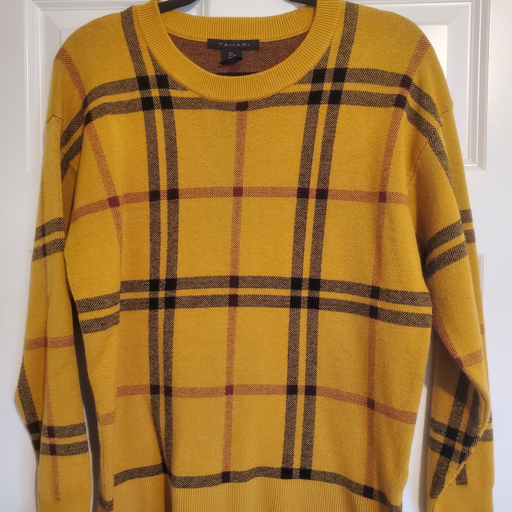 Tahari Yellow Plaid Crewneck Sweater